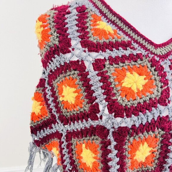 Granny Square Blue, Red, Orange Crocheted Fringe Boho Hippie Fringed Shawl - Picture 2 of 6